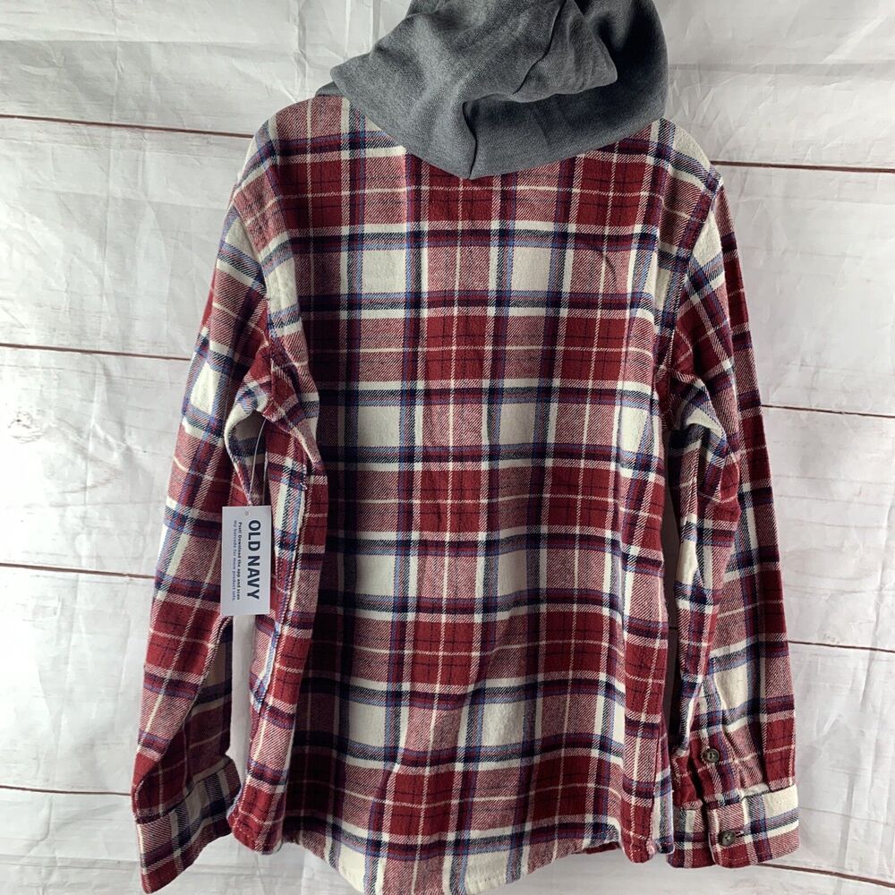 Old Navy Boys Shirt Kids Plaid Flannel Hooded Buttons Red Fleece Cowboy 6 7 S - Picture 3 of 12
